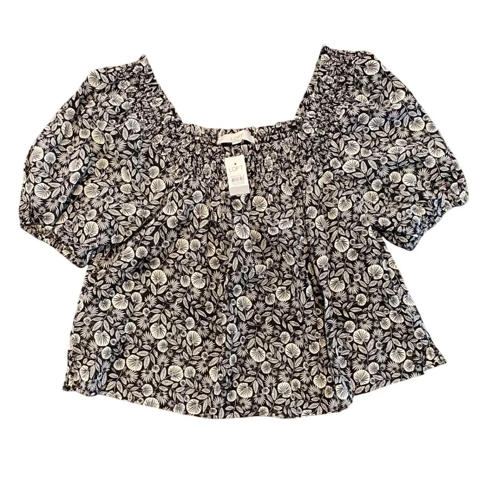 LOFT Black Floral Print Square Neck Smocked Puff Sleeve Top Blouse‎ - M